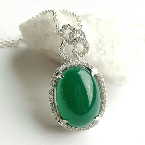 Sterling Silver Green onyx Cz pendant necklace 🆕 - Picture 2 of 7
